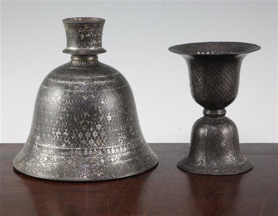 An Indian Bidri ware bell shaped huqqa base and a similar cup, 19th century, 14cm